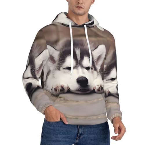 JaoXer Men's Fleece Hooded Hoodie - Soft Warm Sweatshirt with Husky Dog Full Print, Trendy Streetwear for Spring, Fall, Black, L