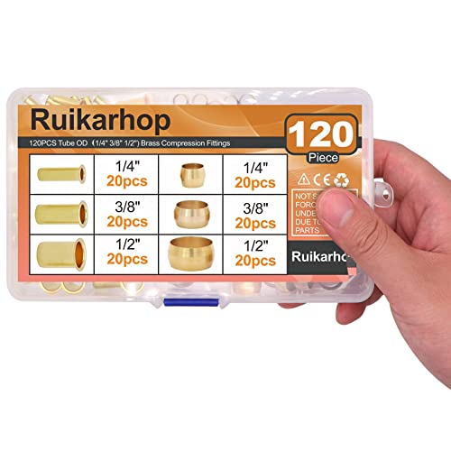 120Pcs Tube Od（1/4" 3/8" 1/2") Brass Compression Sleeves Ferrules & Insert,3 Sizes Brass Compression Fitting Assortment Kit #TOP6