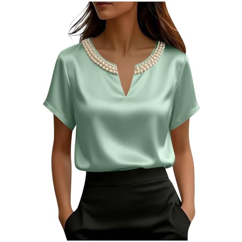 Image of Satin Blouse for Women UK Pearl V Neck T Shirts Short Sleeve Tunic Tops Formal Work Office Shirt Ladies Summer Tees Stretch Slim Fitted T-Shirt Green