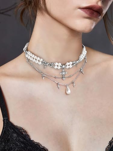LILIE&WHITE Goth Cross Necklace For Women Boho Pearl Necklace Fashion Gothic Jewelry Layered Emo Necklaces Terndy Halloween Chunky Silver Necklaces Wear For Daily Or Party Wear3