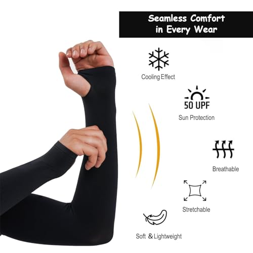 Image of Allextreme Full Arm Sleeves with Thumb Holes for Riders UV Sun Protection 4-Way Stretch Cooling Hand Cover for Men & Women Biking Hiking Cycling Running Protective Bike Riding Gear (Black, 1 Pair)