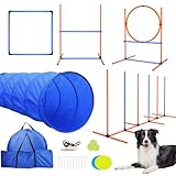 Dog Agility Course Backyard Set, Dog Agility Training Equipment Indoor&Outdoor, Dog Obstacle Course Kit - Dog Tunnel, Adjustable Hurdles, Jump Ring, Weave Poles, Pause Box, Dog Toys, and Storage Bag