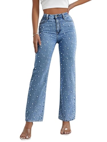 EZAPINE Women's Pearl Embellished High Waisted Straight Leg Stretch Flare Jeans Medium Blue