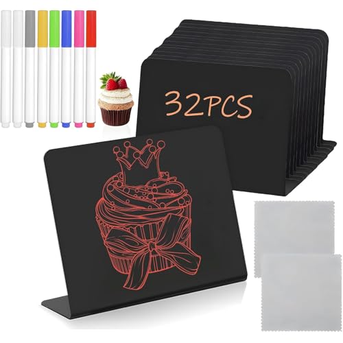 Mini Kreidetafel Set,32 Stück kreidetafel kleine + 8* Stift + 2* Reinigungsstoff, L-Form Preisschilder Aufsteller 100x75mm, für Nachrichtenschilder,Price Tag,Tischkarten,Buffet Schilder,Hochzeit,Party