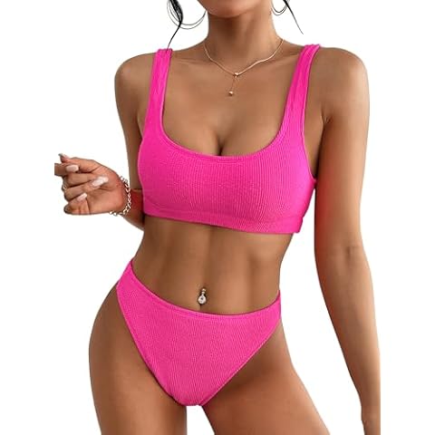 Dixperfect Two Pieces Bikini Sets Swimsuit Sports Style Low Scoop Crop Top High Waisted High Cut Cheeky Bottom Cover