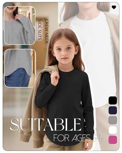 5 Pack Girls' Long Sleeve Shirts Curve Hem Crewneck Tops Raglan Loose Fit Casual Kids Basic Tees Fall4