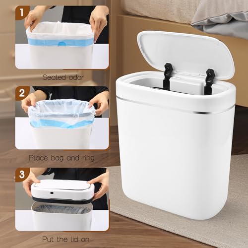 Image of VZZNN 2Pcs Bathroom Trash Can,2.4 Gallon Automatic Garbage Can with Lid,9 Liter Small Touchless Motion Sensor Trash Bins, Garbage can for Bathroom, Kitchen, Office,White