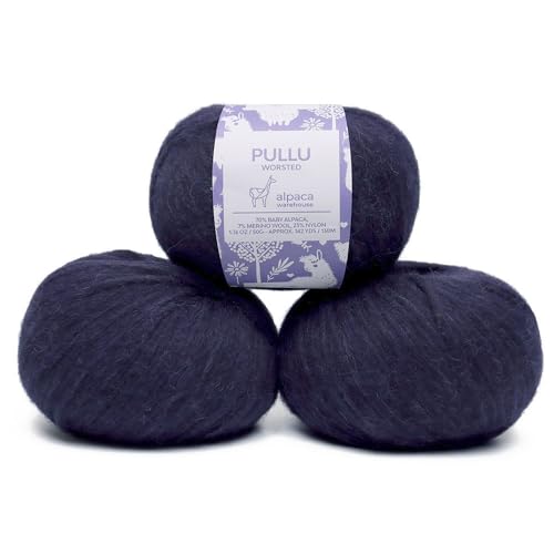 Pullu - Baby Alpaca Merino Wool Yarn Set of 3 Skeins (150 Grams) Worsted Weight - Sourced Directly from Peru - Heavenly Soft and Perfect for Knitting and Crocheting (Navy Blue)