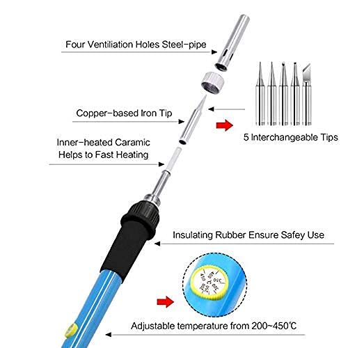 GLE2016 Electric Soldering Iron Kit 60W Adjustable Temperature Welding Soldering Iron with 5pcs Different Tips, 1 Solder Wire 1.0mm Dia. (Soldering Irons)