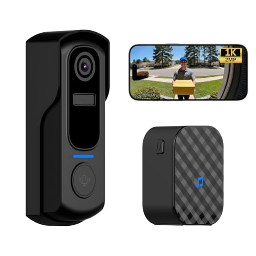 Delitech Smart Wireless Video Doorbell 2MP | Battery-Powered | AI Motion Detection | Real-Time Notification | See & Talk to Visitor on Video Call | Free Installation* (Black-Doorbell 1080p)