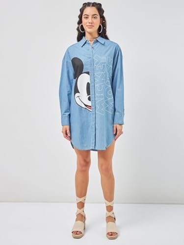 Bewakoof Official Disney Merchandise Women's Printed Super Loose Fit Full Sleeve Collared Denim Dress 603342 Blue 2Xl