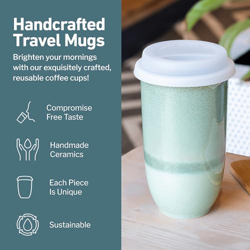 Image of NOVA CERAMICS Coffee Travel Mug - Reusable Coffee - Microwave & Dishwasher Safe Coffee Green Tumbler - Gifts For Women Men Him Her - 16oz - Emerald