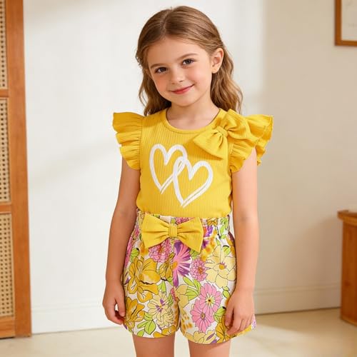 Image of 3-8 T Toddler Girls Clothing Set Ruffle Sleeve Bow Tie Top + Floral Shorts Set