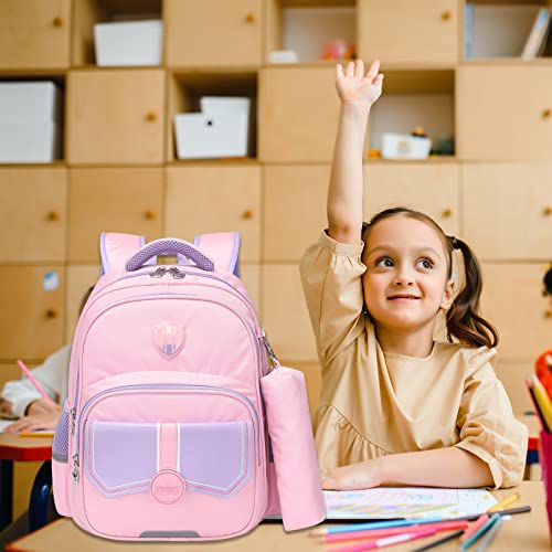 Tanou Kids Backpacks For Girls, 15'' Elementary School Backpack, Breathable Bookbags With Pecnil Case For Girl 4+ Years, Pink Purple #TOP1