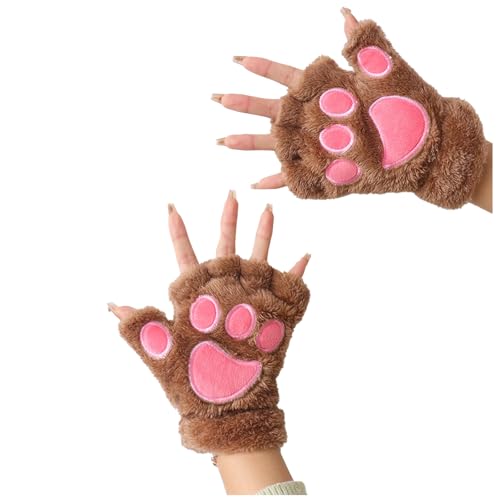 Bear Paws Gloves Cute Animal Cat Claws Mitten Fingerless Touchscreen Women Men Typing Outdoors Stage Custome Cosplay (Light Brown)