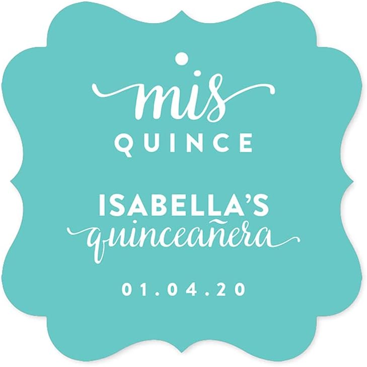 Andaz Press Etiquetas de regalo personalizadas con marco elegante, Sweet 15, Mis Quince Quinceañera, paquete de 24, nombre personalizado, color, edad