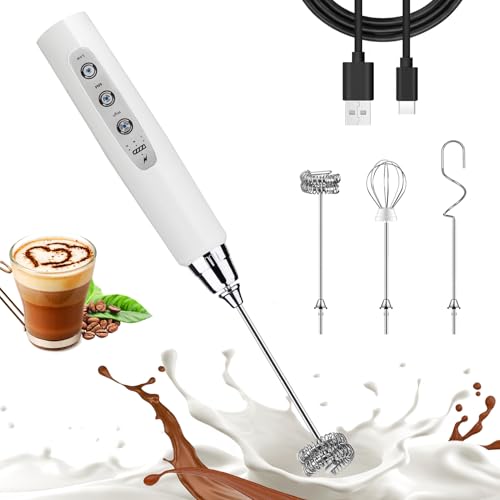 Image of Nahida White Milk Frother Wand for Coffee, Frother Handheld Rechargeable Electric Whisk with 3 Heads 3 Speeds Drink Mixer Coffee Frother Foam Maker For Latte, Cappuccino, Hot Chocolate, Egg