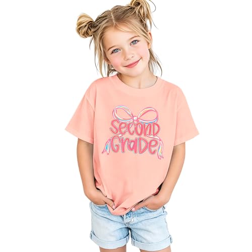 MULOIUDZ Bow First Day of School Outfits Kid Toddler Girls Kindergarten 1st 2nd Grade Shirts Back to School T-Shirt Tee Tops(Coral-2nd Grade 7-8Y)