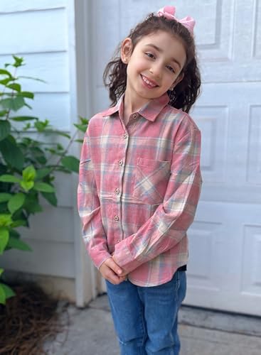 Image of SELINK Girls Long Sleeve Flannel Buffalo Plaid Button Down Shirt | Soft Flannel Fabric,Classic Buffalo Plaid Button Down Collared Blouse For Girls Casual Daily Outfits