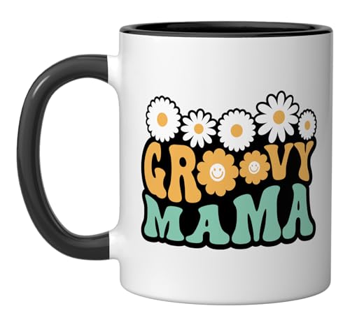 Groovy Mama Funny Motherhood Retro Hippie 60s 70s Mom Ceramic Mug, Black/White
