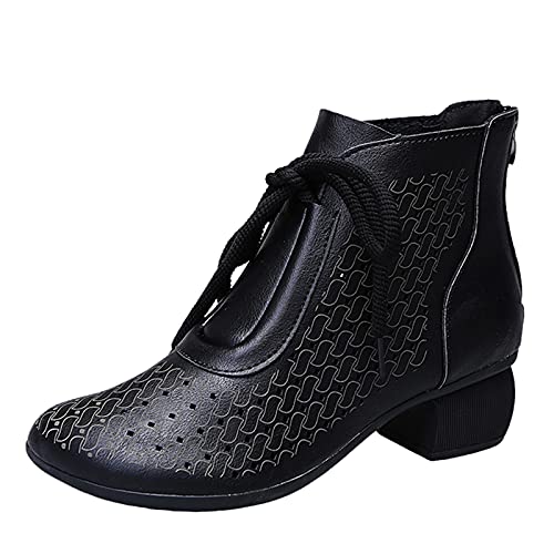 Damen-Stiefeletten mit niedrigem Absatz, rund, Farbe Damen, Stiefeletten mit Reißverschluss, Retro-Schuhe, kurze Zehen, Outdoor-Stiefel, Größe 36-43 EU, Schwarz , 38 EU Cover