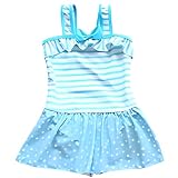 [RAVIR] 【ラヴィール】キッズ 水着 女の子 子供用 ワンピース ボーダー フリル リボン キュート UVカット ガーリールック 小花柄 ブルー 100