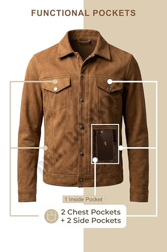 Image of Men's Faux Suede Leather Jacket with Fur Lining, Snap Button Closure, Brown, Lightweight with Chest and Side Pockets