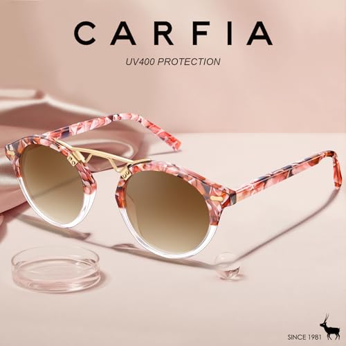 Image of CARFIA Small Face Acetate Polarized Sunglasses for Women UV Protection, Retro Double Bridge Eyewears Metal Brow Round Sunnies