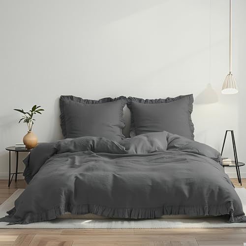 Simple&Opulence 100% Linen Duvet Cover Set, 3 PCS Natural French Flax Dark Grey Ruffle Duvet Cover Queen Size, Breathable Comfy Linen Bedding Comforter Cover with 2 Pillowcases (Dark Grey, 88"X92")