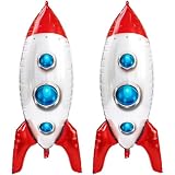 2Pcs Large Rocket Ship Foil Balloons - 33 Inch Jumbo Red Spaceship Mylar Balloons for Outer Space Theme Baby Shower, Two the Moon Birthday Decorations, Galaxy Party Supplies & STEM Events