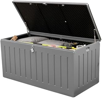 Olsen & Smith 830L Extra Large XL Outdoor Garden Storage Box - Weather Resistant Heavy Duty Garden Box Wood Effect with Padlock - Massive Capacity Storage Chest for Tools Cushions Toys & More, Grey