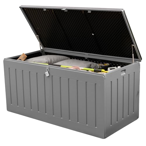 Olsen & Smith 830L Extra Large XL Outdoor Garden Storage Box - Weather Resistant Heavy Duty Garden Box Wood Effect with Padlock - Massive Capacity Storage Chest for Tools Cushions Toys & More, Grey