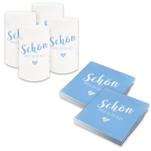 itenga Tischdeko Set - Servietten Schön dass du da bist 30 x 30cm 3-lagig 40 Stück und 6 Windlichter für Kommunion Konfirmation Hochzeit Taufe und andere Feiern (hellblau)