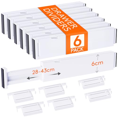 Lifewit 6 Juegos Separadores Cajone de 6 cm Altura, Organizador Armario de Ajustables 28-43 cm con 6 Inserciones Ropa/Maquillaje/Cubertero, Plástico Divisorias para Cocina/Tocador/Escritorio/Baño