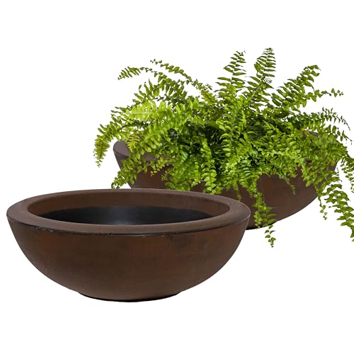 Sunnydaze Percival 20.75" Shallow Outdoor Planter Bowl, Rust, 2pk | 3.7-Gallon Capacity Polyresin Double-Walled Design for Flowers and Succulents, Drillable Drainage Hole, Hand-Painted Finish