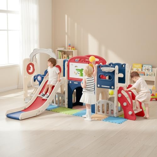 12 in 1 Outdoor Toddler Playsets with Slide Toddlers Playground and Swing Set Indoor Climber Tunnel Playset Play Equipment with Basketball Hoop for Backyard