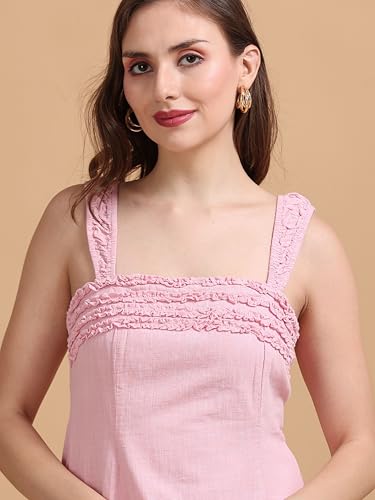 Image of Glam & Chique Women's 100% Cotton Textured Self Design Smocked Maxi Dress-XS-2XL