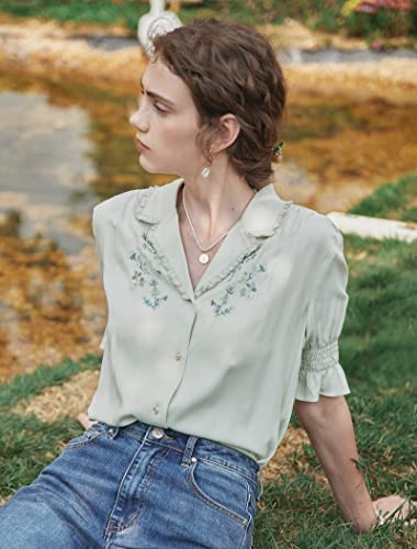 Simple Retro Women Floral Embroidered Frilled Collar Shirred Flounced Half Puff Sleeves Blouse Mint Green S #TOP4