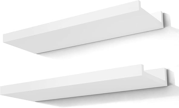 White Floating Shelves for Wall Decor, 14 in Shelf with Lip Set of 2 | 4.5" Deep Display Picture Ledge Shelf, Wall Mounted Wood Storage Shelves for Bedroom, Bathroom, Living Room, Kitchen Nursery