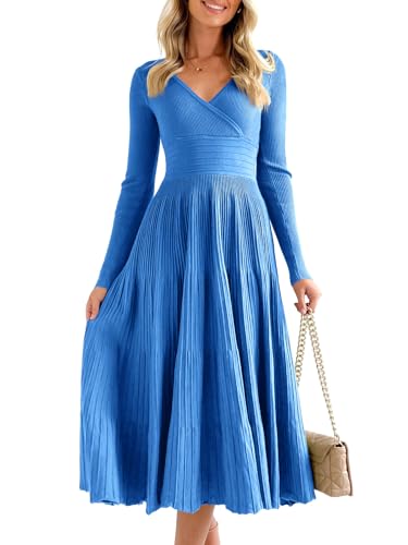Saodimallsu Womens Long Sleeve Midi Sweater Dress Wrap V Neck Pleated A Line Fit Flare Elegant Knit Maxi Dress