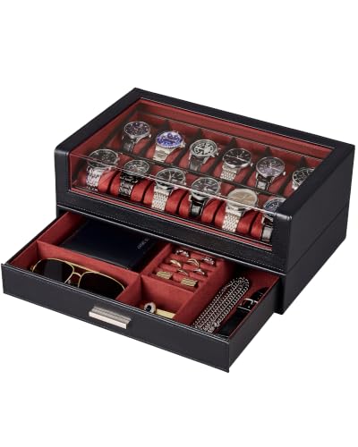 Image of ProCase Watch Box for Men, 12 Slots Watch Display Holder -Winered | Clear Acrylic Top, Large Capacity PU Leather Case with Drawer Organizer, Jewelry Storage, Ideal Gift for Men Women