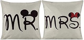 2 Pcs Mr and Mrs Funny Mouse Cushion Cover Durable Cotton Linen Throw Pillow Case Wedding Valentine Gift MR and MRS Present 18"X18" 45x45cm