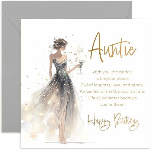 Beautiful Birthday Cards for Auntie - Heartfelt Poem Words for Her - Stylish and Glamorous Birthday Gifts for Women - Stars, Champagne, Glitter Birthday Card for Her