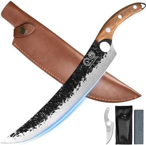 XYJ FULL TANG 12 Inch Stainless Steel Boning Knife Chef Fishing Knives Carry Leather Sheath Outdoor Cooking Knives Meat Butcher Knife for Camping Kitchen or Outdoor BBQs (Brown, 12 Inch)