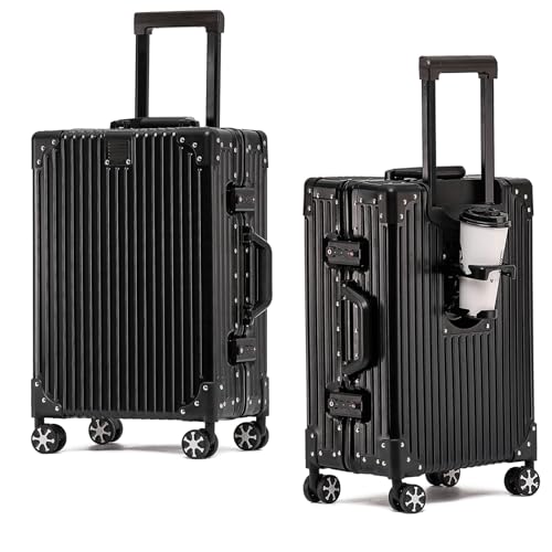 EclatVivid 1pc 22 Inch Luggage with Cup Holder, 100% All Aluminum Suitcase, Zipperless Aluminum Luggage with TSA Locks, Cup Holder(Black,Checked in 22-Inch)