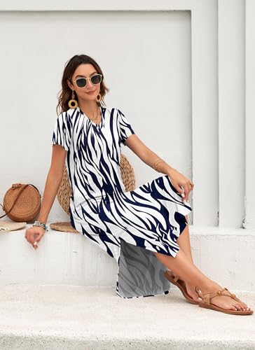 Image of MISFAY Womens Maxi Dress Short Sleeve V Neck Loose with Pockets | Soft stretchy breathable, v neck loose fit, side split hem, two side pockets, casual daily beach vacation travel dress