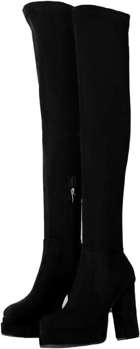 Women's Over the Knee Platform Boots - Suede Stretch Thigh High Boots with Block Heel, Sexy Side Zip Long Boots for Fall