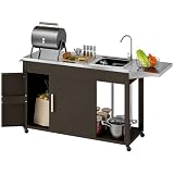 Outsunny Outdoor Grill Table with Stainless Steel Sink and Drainage, Grill Cart with Foldable Side Table and Cabinet, Outdoor Kitchen Island with Wheels, Distressed Brown