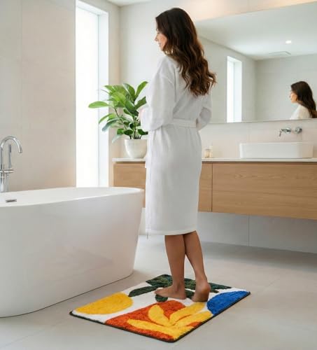 Image of VAS COLLECTIONS Luxurious 2000 GSM Microfiber Bath Mat | Super Soft, Thick & Fluffy | Anti-Skid, Super Absorbent, Bathroom /Bedroom /Kitchen /Door Mat (40x60 cm, Pack of 1) (Blue & Yellow Leaf)