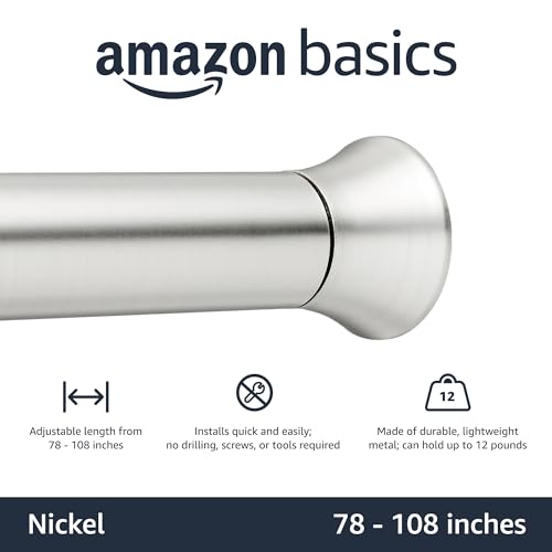 Image of Amazon Basics No Drill Spring Tension Curtain Rod, Adjustable Extra Long 78-108 inch Width, Nickel, Classic Finial
